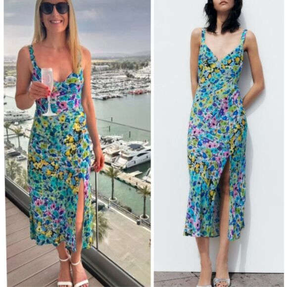 NWOT ZARA Floral Print V-Neck Midi Dress, Med $89 C14 - Picture 1 of 13